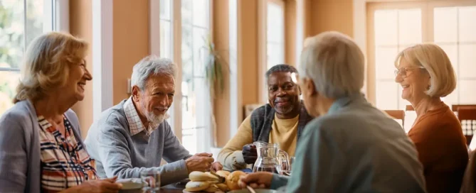 Assisted living in Olympia: seniors enjoy coffee, snacks, and conversation in a bright dining room
